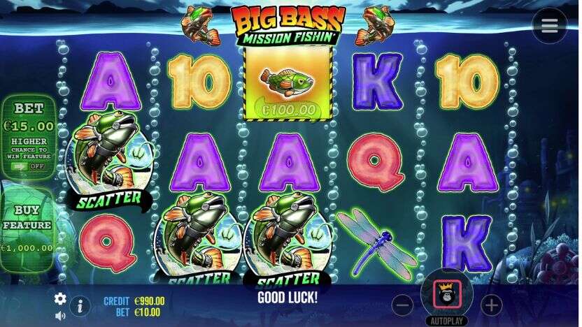 Big Bass Mission Fishin Gameplay showing symbols and icons.