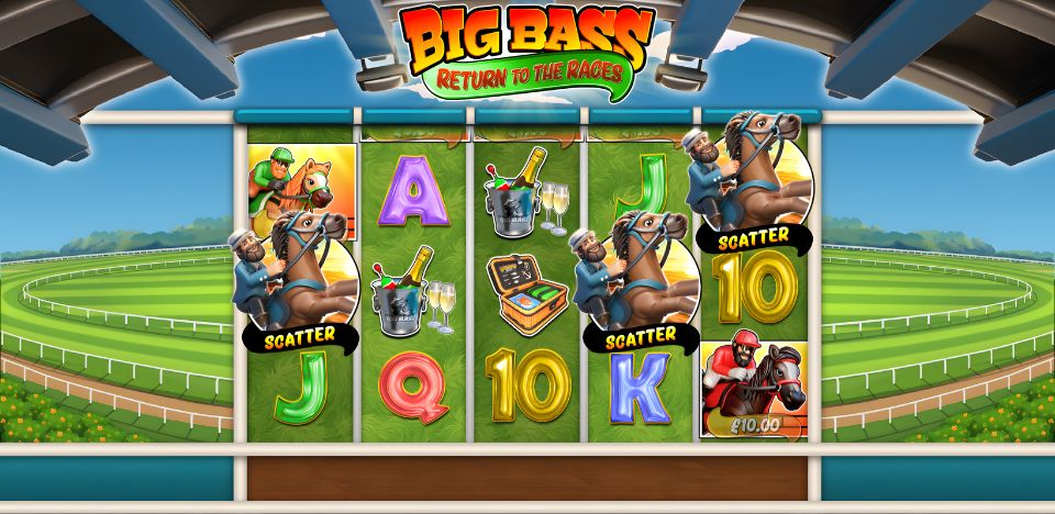 It’s time to head back to the racetrack in Big Bass Return to the Races!

3-5 scatters award free spins, while landing two scatters has a chance to add a third to also trigger the bonus. Players select one of 12 cards at random to decide which feature they enter – either Free Spins or Golden Cup Free Spins.

In Free Spins, wild symbols collect the values of all money symbols landed on the grid, while in Golden Cup Free Spins, the grid is emptied and only money symbols, wilds, and blanks remain on the reels. In either feature, every fourth wild awards 10 extra spins at a higher win level – first 2x, then 3x, and finally 10x on the fourth level.