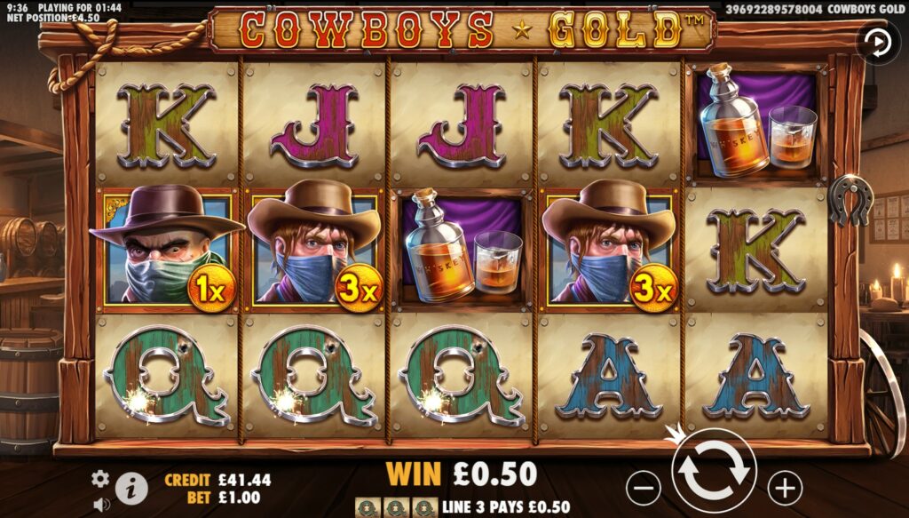 Join the bandits and start looking for them gold wins in Cowboys
Gold™, the 3x5 videoslot with 10 paylines, and a massive win potential.
Look for the Renegade Symbol that adds all money values on the
screen and awards you a little fortune. Add at least 3 Bonus Symbols
in the wild west mix and get ready to play up to 25 Free Spins with a
max multiplier of 5x. Giddy up, cowboy, it’s time to ride!