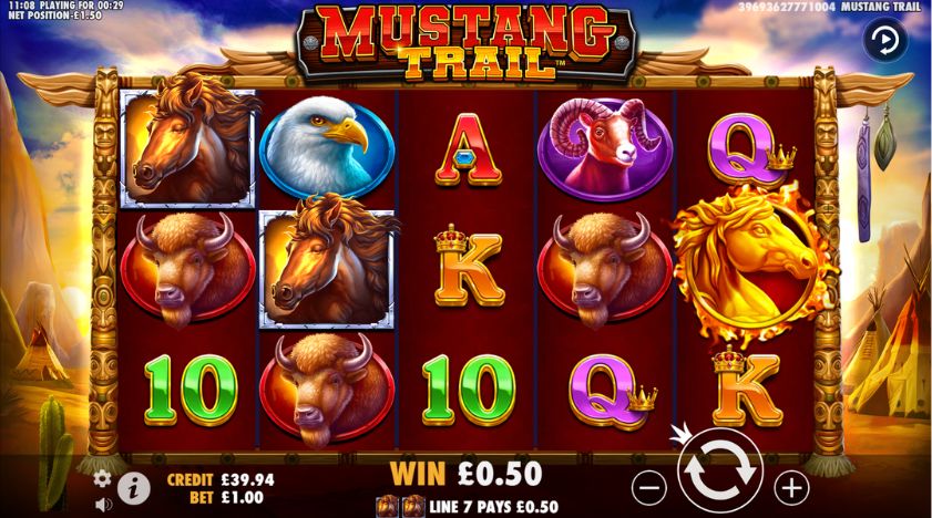 Giddy up and take a ride along the Mustang Trail.

Symbols including buffalo, rams and high-paying horses appear on the grid of this 5×3 slot, with winning combinations needed across 10 pay lines to award a win. Wilds substitute for all symbols except scatters, boosting win potential.

Hitting three Scatters on a single spin triggers the free spins feature, with eight free games to start. Each subsequent Scatter is collected in a meter during the round, re-triggering the feature with every third Scatter collected. Five more free games are awarded and a random Wild is added to a fixed position on the reels until the round ends!