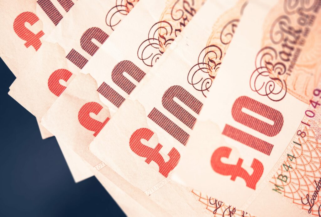Close up of £10 notes.