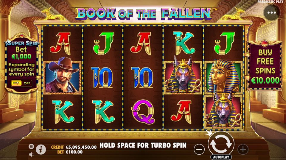 Screenshot of John Hunter and the Book of the Fallen gameplay, featuring ancient Egyptian symbols and a spinning slot reel in the background. 