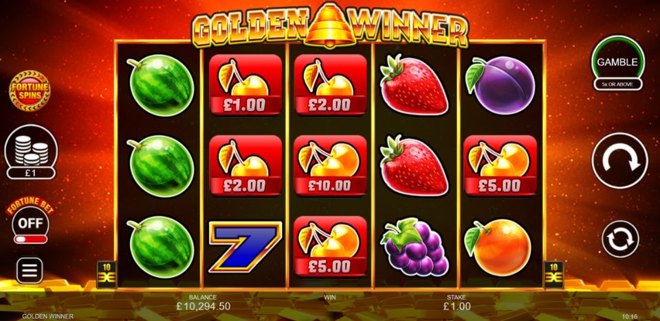 Golden Winner slot game screen showcasing various slot icons, including golden symbols, lucky sevens, and other classic casino-themed imagery on the reels.