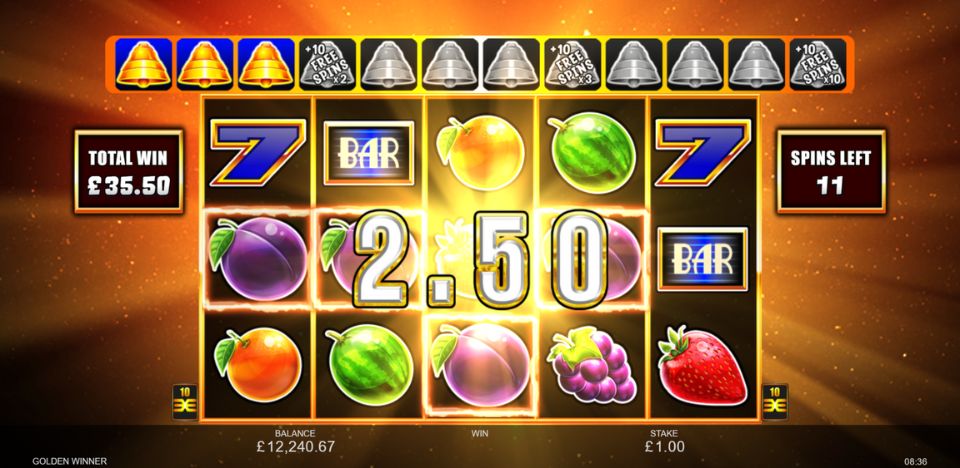 Golden Winner slot win screen displaying a big payout, with shining golden symbols, bright celebratory effects, and a jackpot amount highlighted on the reels.