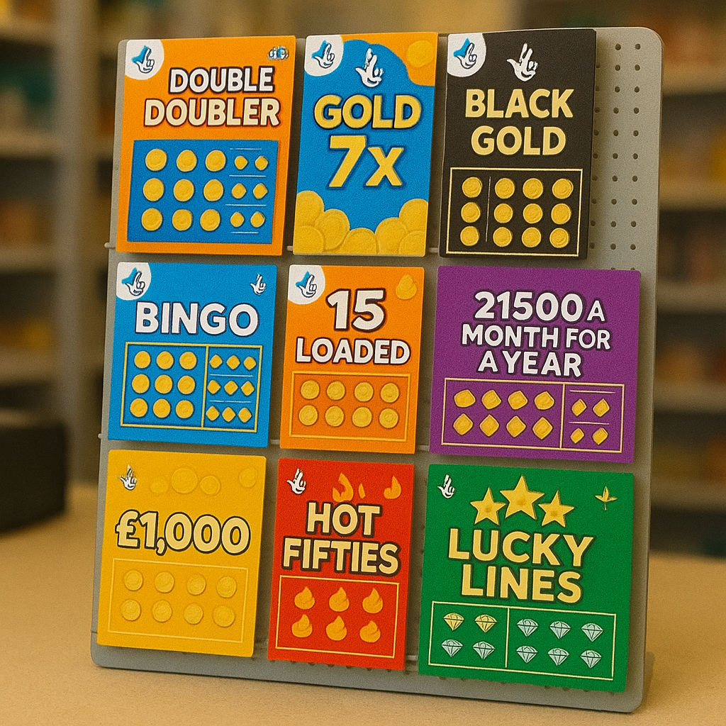 An AI generated image of various scratch cards on display in a shop.