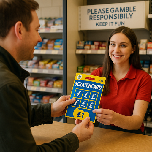 An AI generated image of someone buying a scratch card in a shop.