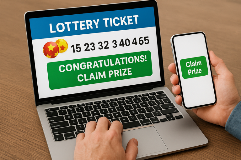 An AI generated image of somebody claiming a winning lottery ticket prize online.