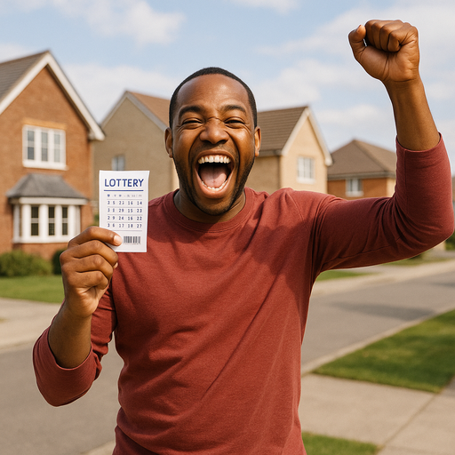 An AI generated image of someone celebrating winning the lottery, holding their winning lottery ticket.