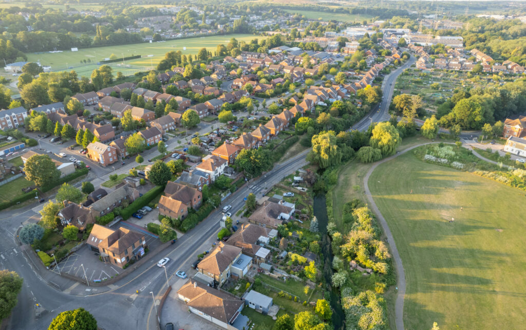 An aerial photo of a town in the UK.