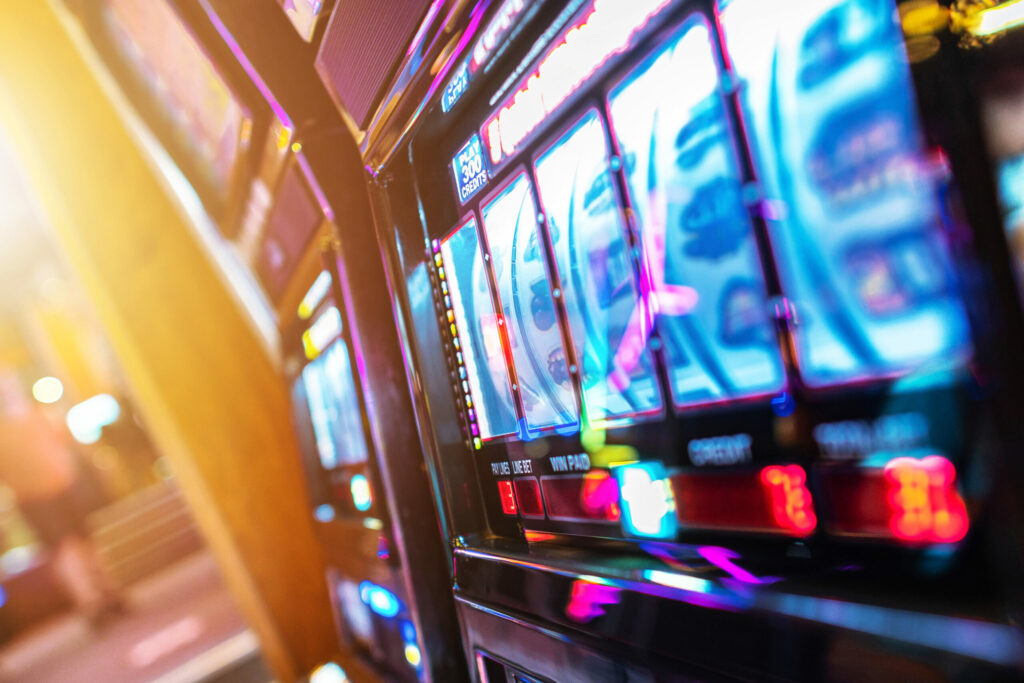 A close up photo of a slot machine in a casino.