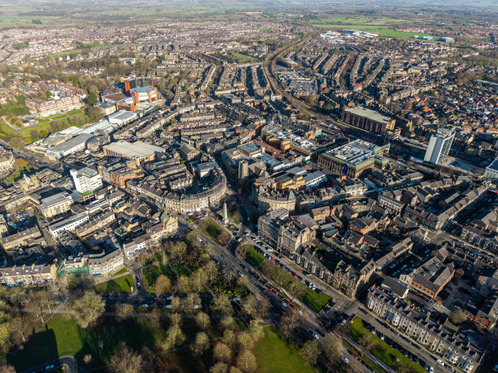 An aerial photo of a UK town.