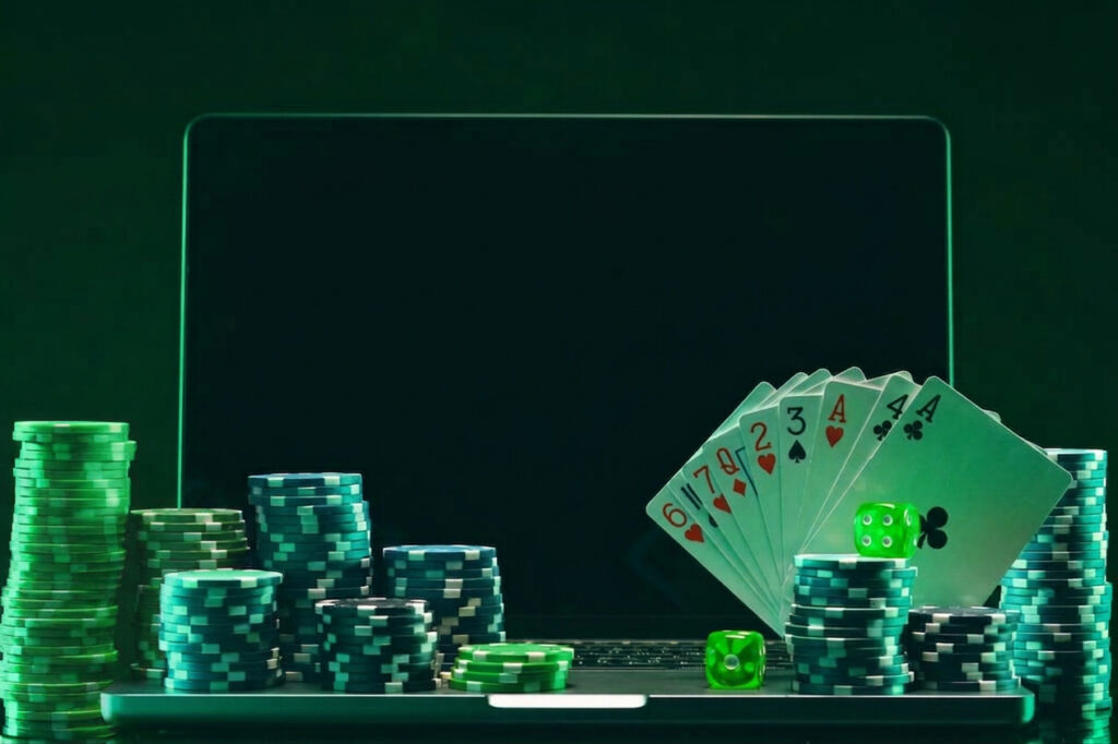 Laptop with blue and green casino chips, green dice and playing cards on it. Background is green.