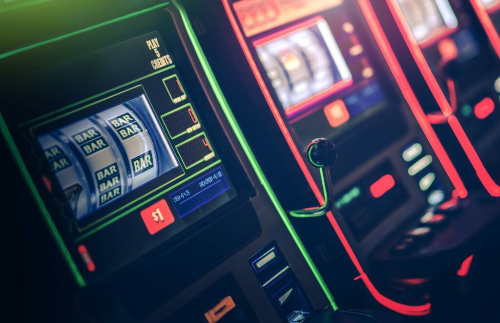 Slots machine. Only the closest is in focus.